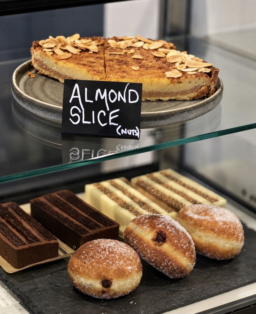 The cake counter at Vistas: an almond slice, chocolate slices and sugared doughnuts in the glass display